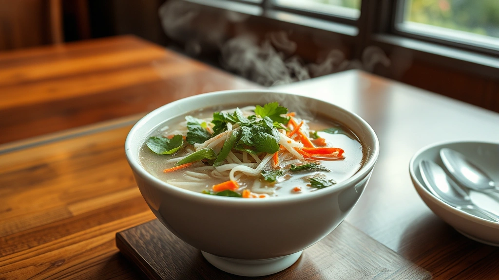 Steaming bowl of authentic Vietnamese pho with fresh herb garnishes, rice noodles, and aromatic broth, wooden table setting, natural window light casting warm glow