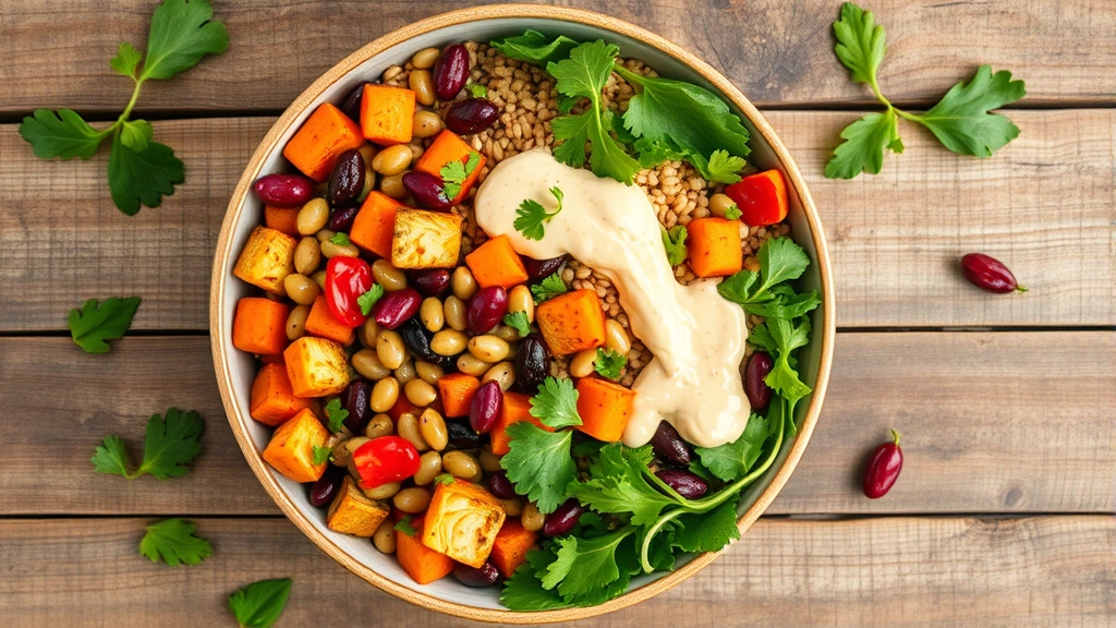 Colorful vegetarian grain bowl with roasted vegetables, legumes, fresh greens, and creamy tahini dressing, overhead flat-lay composition, vibrant natural colors, rustic wooden surface