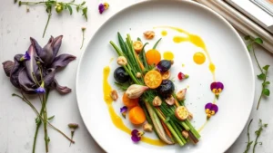 Overhead shot of artfully plated seasonal vegetables with microgreens, edible flowers, and herb oil drizzles on white ceramic plate, natural window light, farm-fresh ingredients
