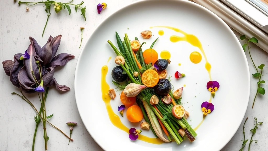 Overhead shot of artfully plated seasonal vegetables with microgreens, edible flowers, and herb oil drizzles on white ceramic plate, natural window light, farm-fresh ingredients