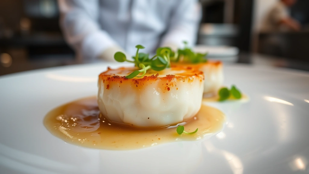 Close-up of seared scallop with brown butter foam, delicate microgreens, and golden-brown crust, fine dining presentation, shallow depth of field, restaurant kitchen setting