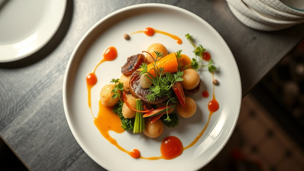 Overhead view of an elegantly plated fine dining dish featuring seasonal vegetables, microgreens, and artistic sauce work on a white ceramic plate, professional restaurant kitchen lighting, shallow depth of field