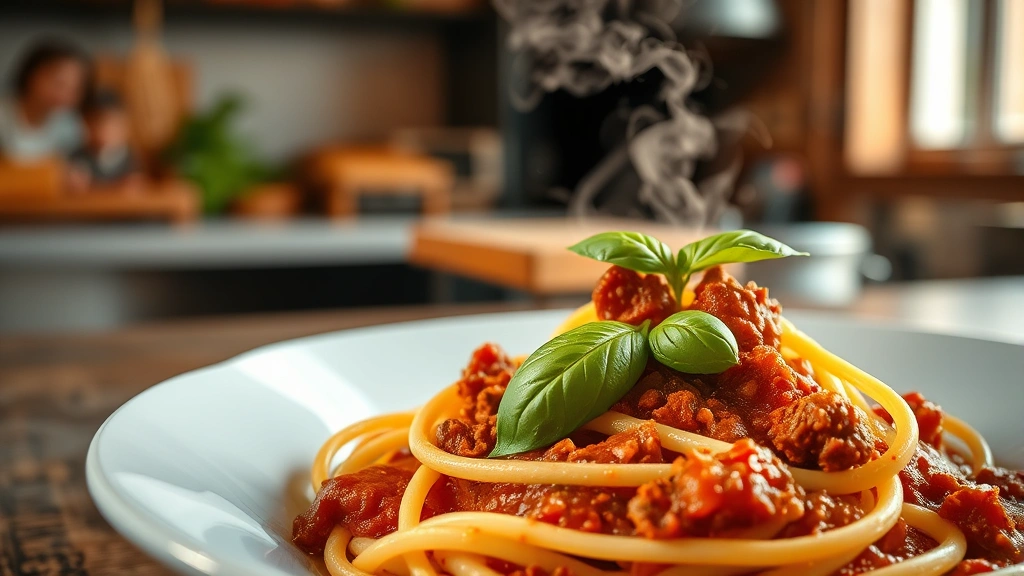 Close-up of freshly made handcrafted pasta with rich meat sauce, steam rising, fresh basil leaf garnish, rustic wooden table background, warm natural lighting, restaurant kitchen ambiance