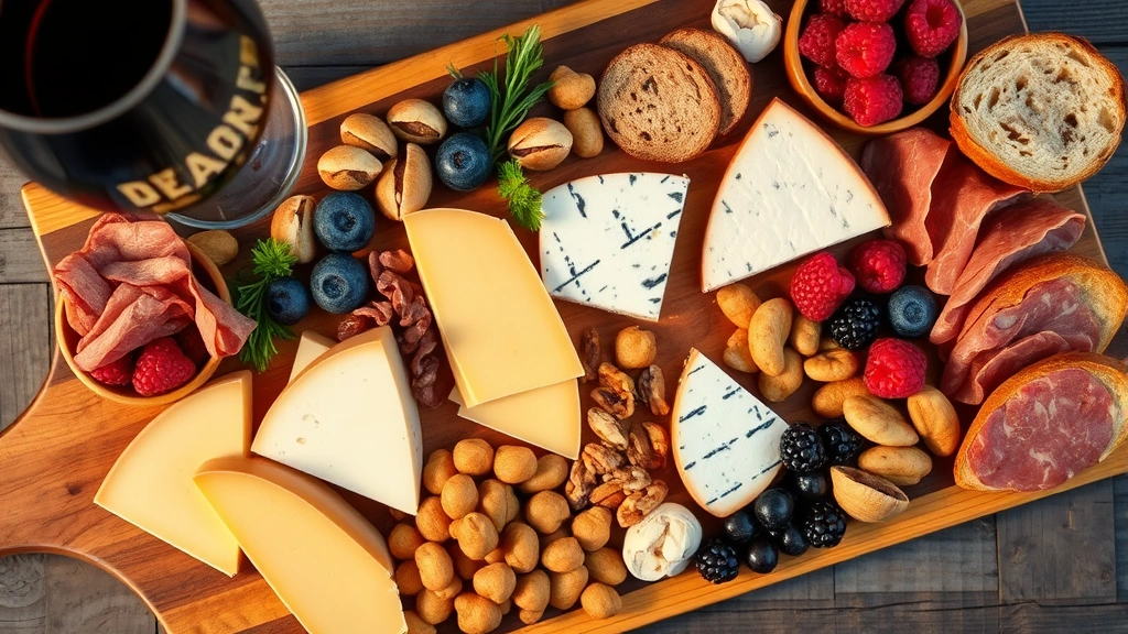 Overhead flat lay of a wooden charcuterie board with aged cheeses, cured meats, fresh berries, nuts, and crusty bread slices arranged artfully, wine glass partially visible, warm golden hour lighting