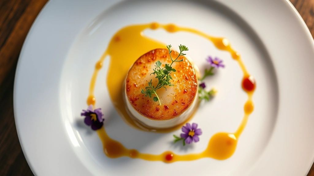 Overhead view of an elegantly plated fine dining dish featuring perfectly seared scallop with microgreens, edible flowers, and artistic sauce drizzle on white ceramic plate, professional restaurant lighting, shallow depth of field
