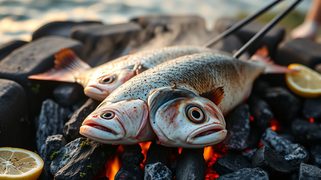 Close-up of fresh lakeside fish being expertly grilled over charcoal, flames visible, herbs and lemon slices scattered nearby, steam rising, Mediterranean-inspired preparation, golden hour natural lighting
