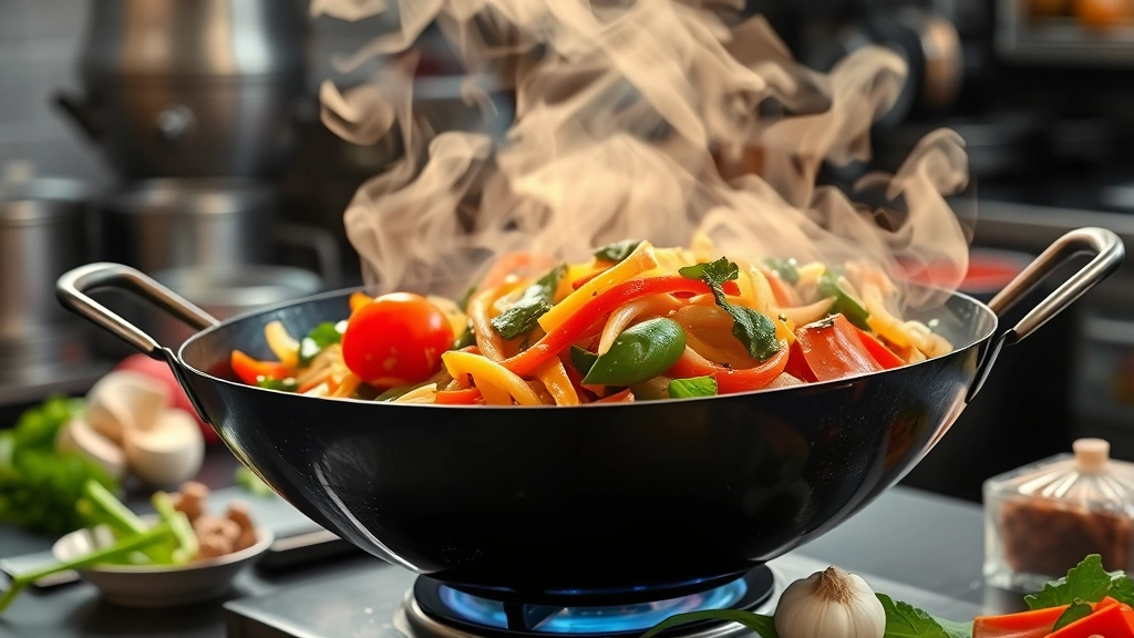 Vibrant Asian stir-fry in motion showing colorful vegetables, steam rising from wok, fresh ginger and garlic visible, professional kitchen setting, authentic culinary technique captured mid-action, natural food colors