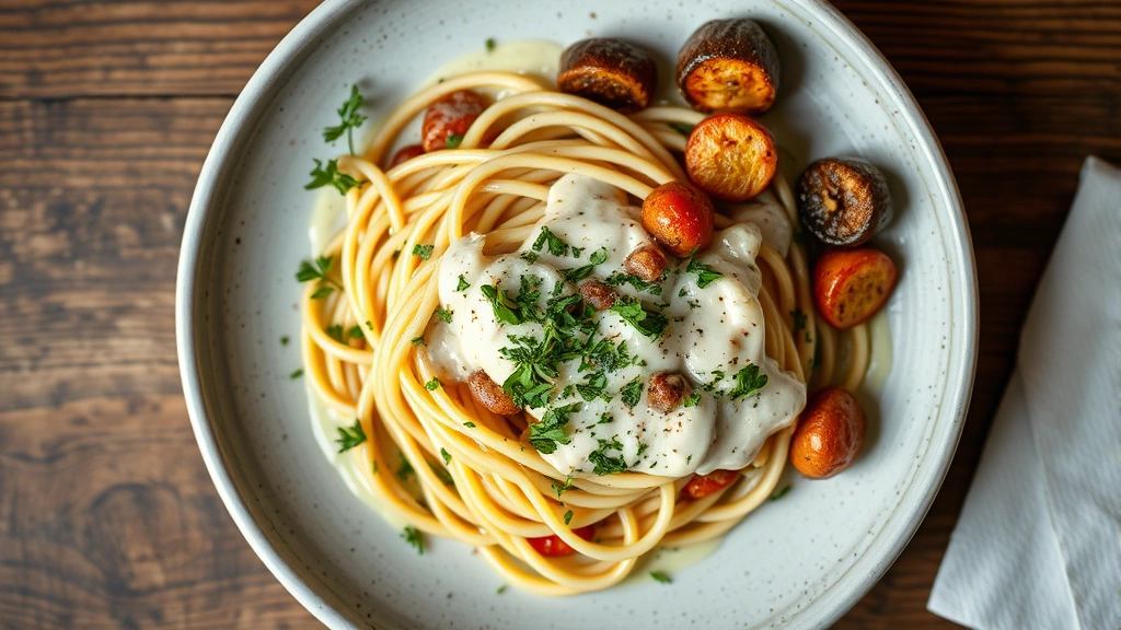 Overhead shot of artfully plated gluten-free pasta dish with fresh herbs, creamy sauce, and roasted vegetables, professional restaurant presentation, soft natural lighting, wooden table surface