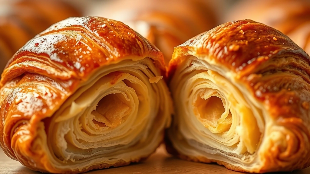 Close-up of freshly baked gluten-free croissant with shattered, golden-brown, buttery layers, steam rising, cut in half to show interior lamination, warm bakery lighting, shallow depth of field