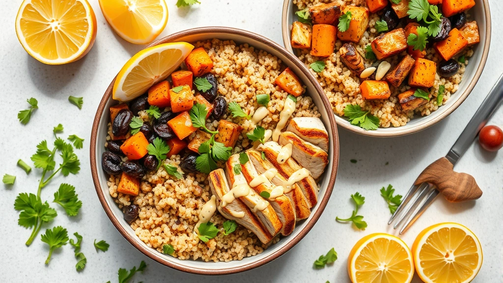Vibrant overhead composition of gluten-free grain bowls featuring quinoa, roasted root vegetables, grilled chicken, tahini drizzle, microgreens, fresh citrus, professional food styling, bright natural light
