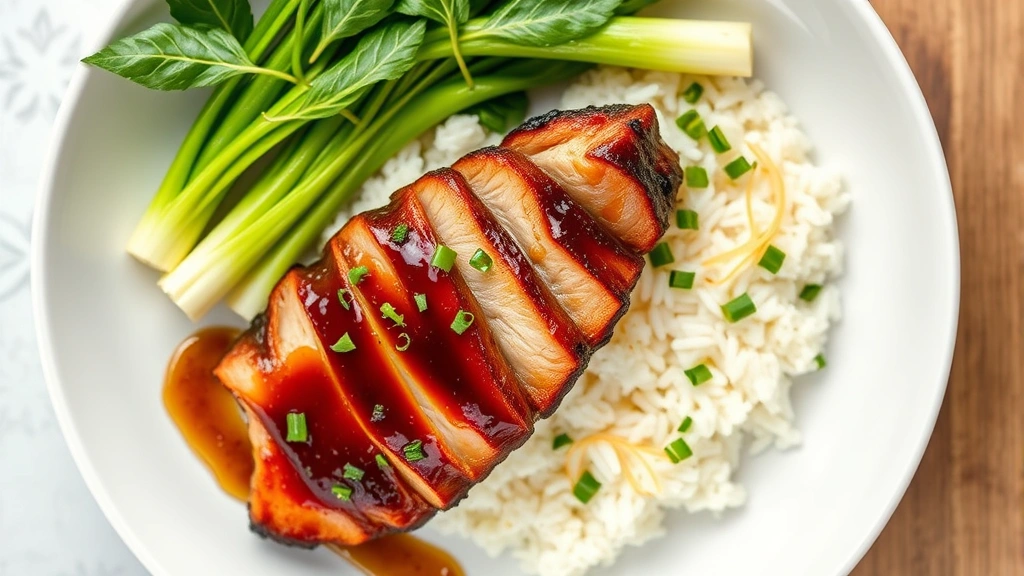 Overhead shot of ginger-glazed duck breast with crispy skin, surrounded by steamed bok choy and jasmine rice on white ceramic plate, garnished with microgreens and ginger threads