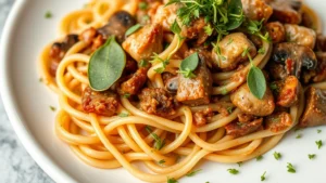 Golden-crispy gluten-free pasta with wild mushroom ragù and fresh sage leaves, creamy sauce coating delicate buckwheat noodles, plated on white ceramic with microgreens