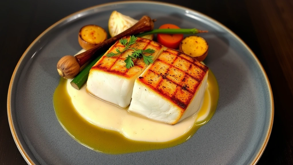 Perfectly seared halibut fillet with crispy skin, accompanied by silky cauliflower purée, brown butter emulsion, and roasted seasonal vegetables arranged artistically
