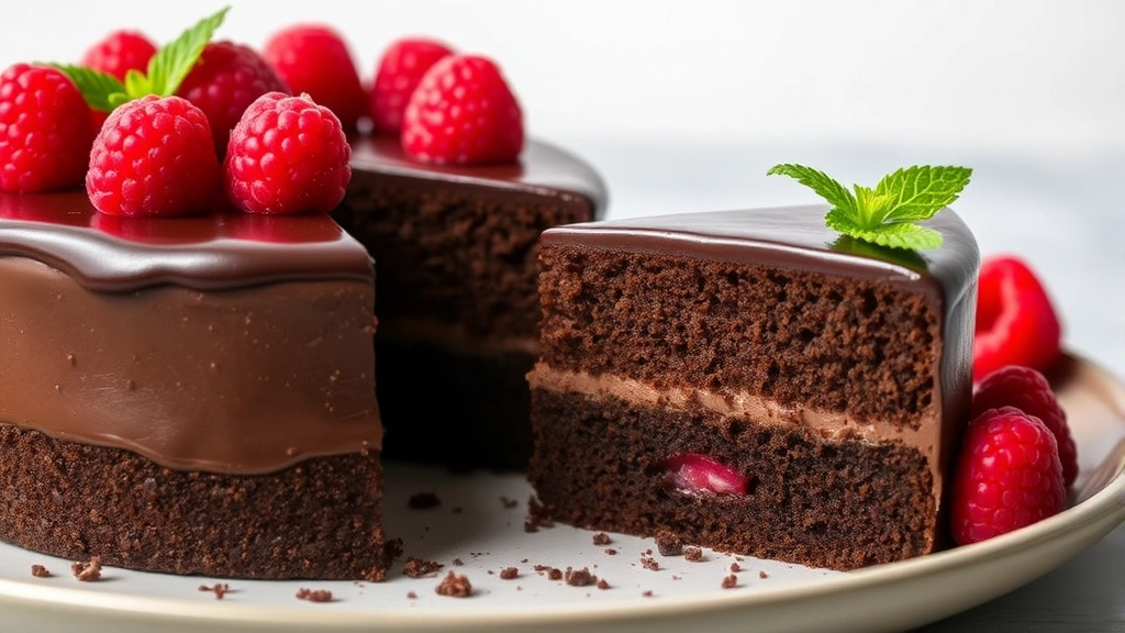 Elegant flourless chocolate cake with rich ganache, fresh raspberries, and mint garnish, cross-section revealing dense yet tender crumb structure, served on minimalist plating