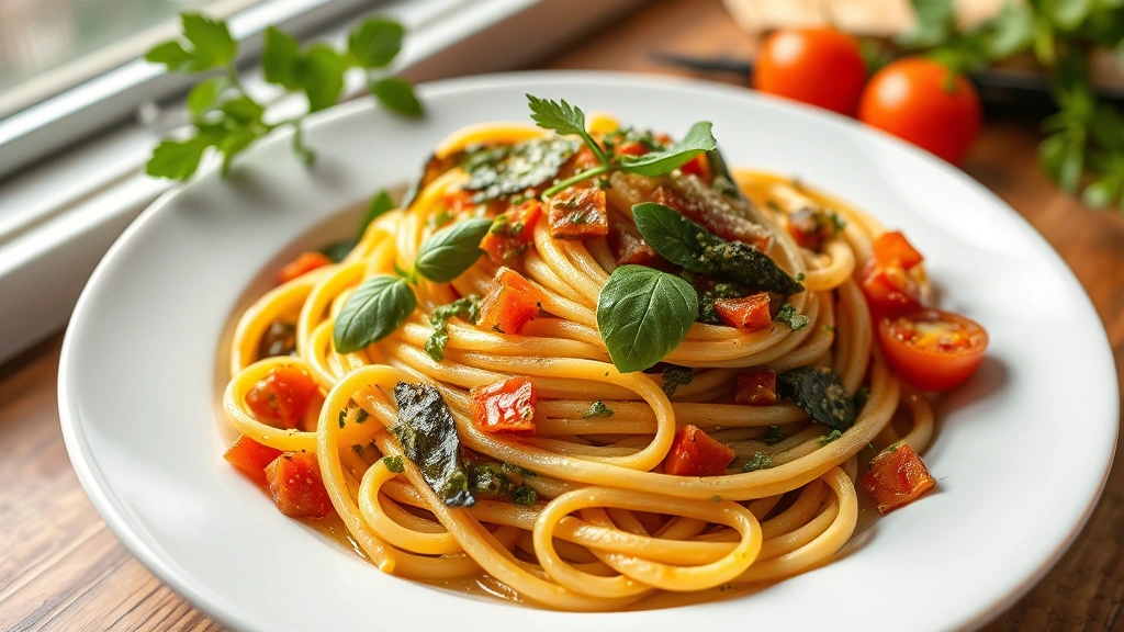 Artisanal gluten-free pasta dish with vibrant seasonal vegetables, fresh herbs, and silky sauce, beautifully plated on white ceramic, natural window lighting, close-up food photography