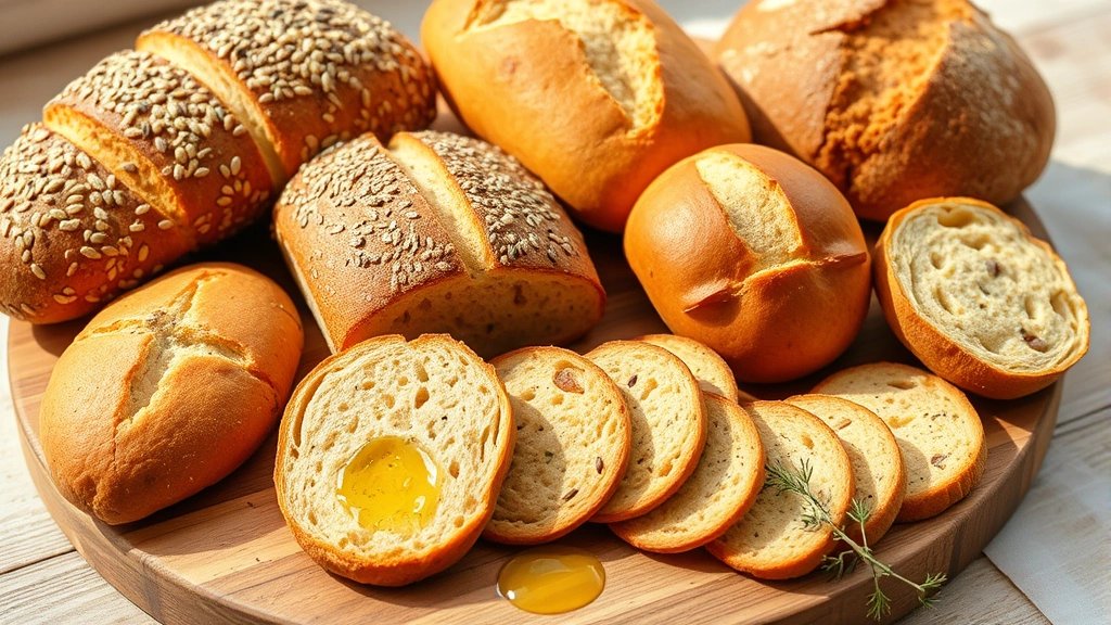 Freshly baked gluten-free bread varieties including rustic loaves with seeds, dinner rolls, and crackers arranged on wooden board with olive oil and herbs, warm natural lighting