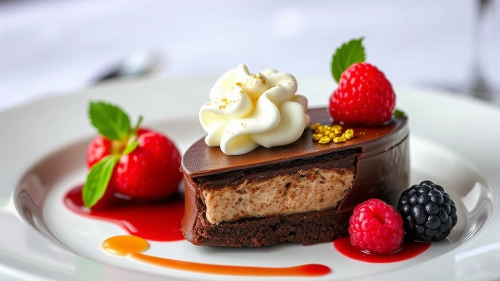 Elegant plated gluten-free dessert featuring rich chocolate torte with berry garnish, whipped cream, and gold leaf, professional restaurant presentation, soft focus background