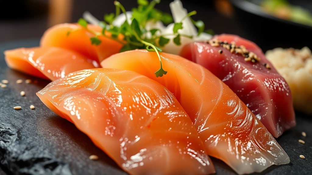 Close-up of pristine sashimi platter with glistening salmon, tuna, and white fish arranged artfully on dark slate, garnished with microgreens and sesame seeds, professional restaurant lighting highlighting translucent fish texture