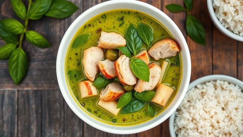 Overhead shot of colorful Thai green curry in white ceramic bowl, vibrant green sauce with visible Thai basil leaves, sliced chicken, and bamboo shoots, steam rising, served with jasmine rice on the side