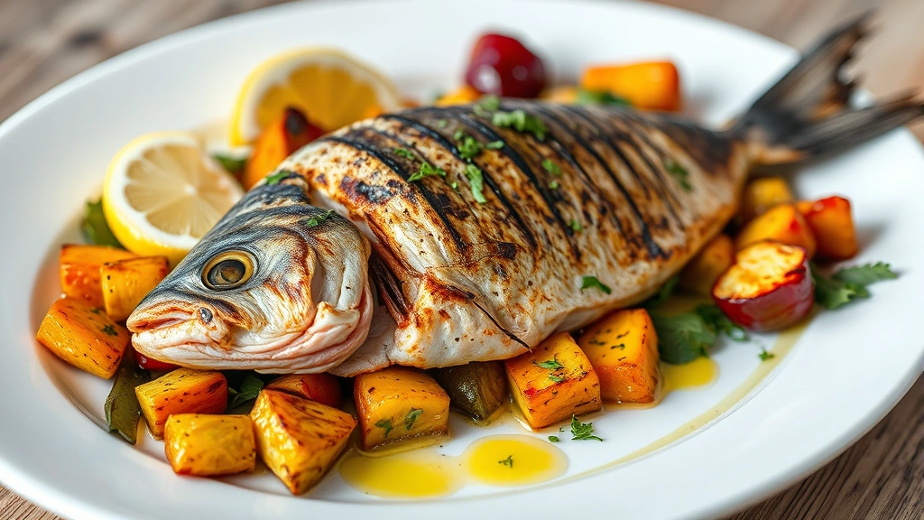 Artfully plated Mediterranean grilled fish with charred exterior, surrounded by roasted heirloom vegetables in jewel tones, drizzled with golden olive oil, fresh herbs, and lemon wedges on white plate with shallow depth of field