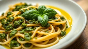 Close-up of perfectly plated gluten-free pasta with vibrant green pesto, fresh basil leaf garnish, and golden olive oil drizzle on white ceramic plate, shallow depth of field, warm natural lighting, artisanal presentation