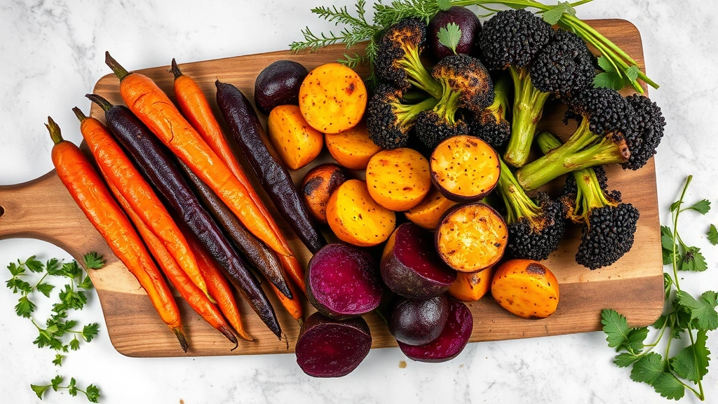 Overhead shot of colorful roasted vegetables including purple carrots, golden beets, and charred broccoli arranged on rustic wooden cutting board, fresh herbs scattered nearby, professional kitchen setting, bright diffused light