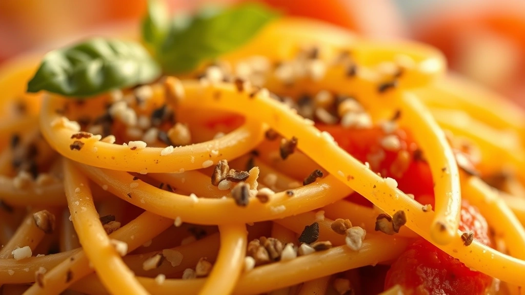 Detailed macro photography of gluten-free pasta texture showing alternative grain blend surface, cooked al dente, catching warm golden light, with blurred fresh tomato sauce background, culinary artistry focus