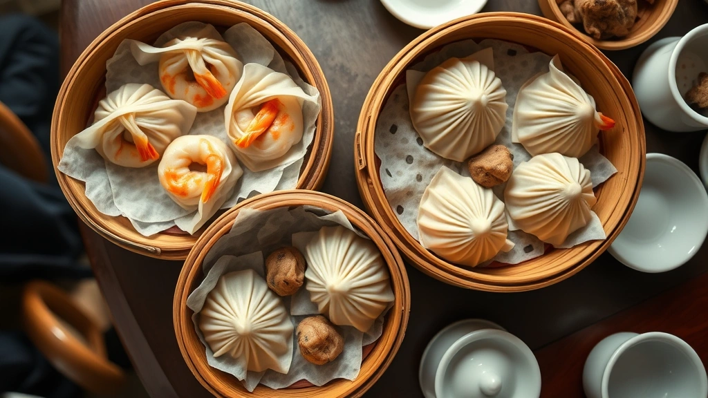 Overhead shot of steaming bamboo baskets filled with har gow shrimp dumplings and siu mai pork dumplings, translucent wrappers revealing filling inside, soft restaurant lighting, traditional dim sum presentation with small ceramic plates and teacups