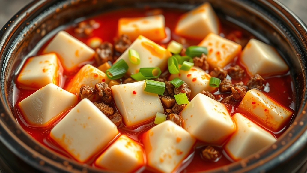 Close-up of vibrant Mapo Tofu in a traditional clay pot, silken white tofu cubes glistening with crimson chili oil and numbing Sichuan peppercorn sauce, ground pork scattered throughout, fresh scallion garnish, steam rising, authentic wok cooking presentation