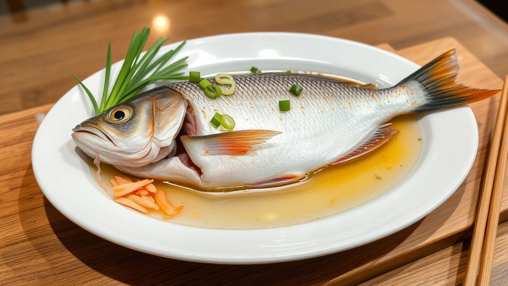 Whole steamed fish on white porcelain plate garnished with julienned ginger and fresh scallion, clear steaming liquid pooling around delicate flaked flesh, sesame oil drizzle, traditional Cantonese preparation, professional restaurant plating with wooden chopsticks nearby