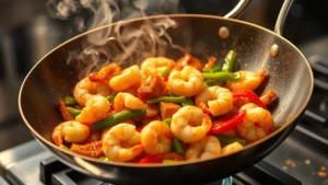 Golden wok with shrimp and vegetables mid-toss, steam rising, vibrant soy glaze coating ingredients, professional kitchen lighting, action shot capturing wok hei technique