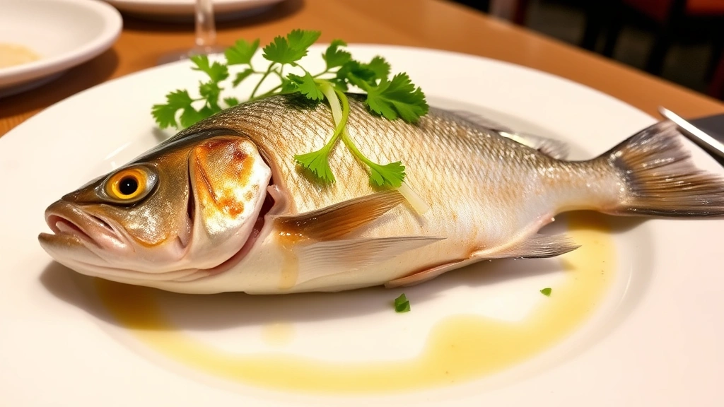 Whole steamed fish on white porcelain plate with julienned ginger and scallions, sesame oil drizzle creating shine, garnished with cilantro, minimalist plating style, restaurant table setting