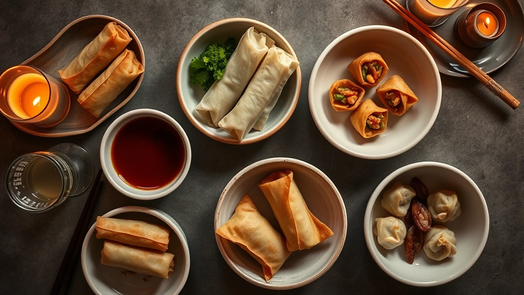 Overhead flat lay of multiple small bowls containing finished dishes - crispy spring rolls, dumplings, sauce cups, chopsticks, rice wine glasses, warm candlelit ambiance