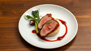 Overhead shot of perfectly plated five-spice duck breast with rendered crispy skin, cherry gastrique swirl, braised bok choy, and crispy rice cake on white ceramic plate, garnished with microgreens and edible flowers, professional restaurant lighting