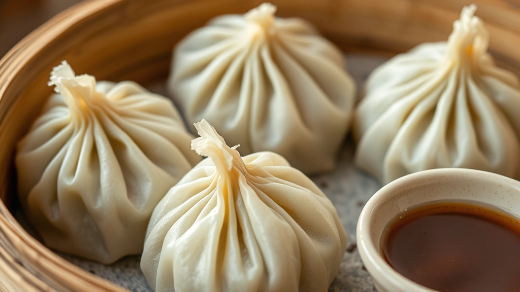 Close-up of delicate hand-pleated vegetable dumplings with visible pleats and folds, arranged on bamboo steamer, steam rising, with small ceramic dish of dipping sauce beside them, warm natural lighting highlighting dumpling texture