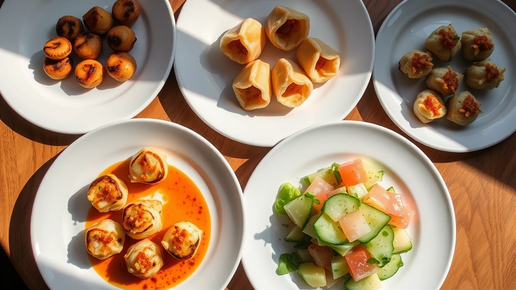 Artistic flat-lay composition of diverse appetizers including pan-seared scallops, crispy wontons with sweet chili sauce, and cucumber jellyfish salad on various white plates, wooden table surface, natural window lighting creating soft shadows