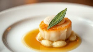 Close-up of perfectly seared scallop with brown butter foam, sage leaf, and cauliflower puree on white plate, golden lighting, fine dining presentation