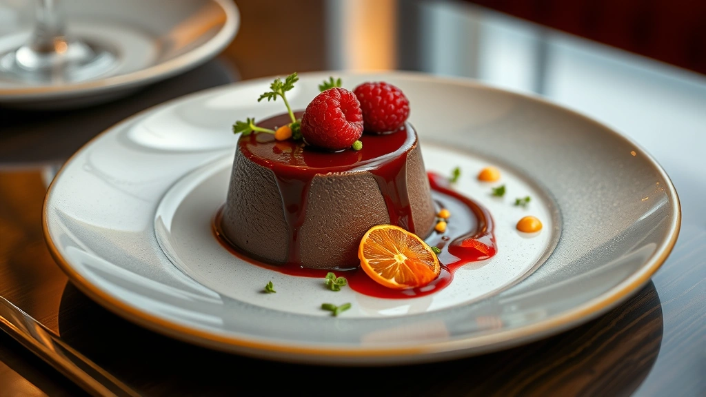 Dark chocolate mousse dessert with raspberry coulis, candied citrus peel, pistachio brittle, and microgreens, fine dining plating, warm golden ambiance