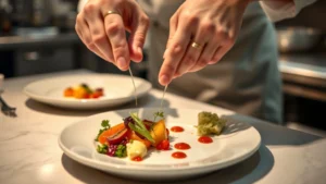 Close-up of a chef's hands carefully plating an elegant multi-course tasting menu dish with vibrant vegetables, precise sauce dots, and microgreens in a professional kitchen setting with soft warm lighting