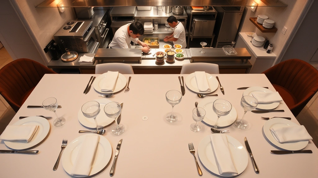 Overhead view of a pristine chef's table counter with ten place settings, each featuring white plates, crystal glassware, and linen napkins, with a kitchen visible in the background where chefs work with intense focus