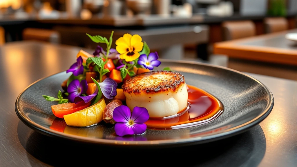 Artistic plating of a gourmet dish featuring perfectly seared scallop, seasonal vegetables in various colors, edible flowers, and glossy reduction sauce with professional food photography styling and restaurant kitchen ambiance