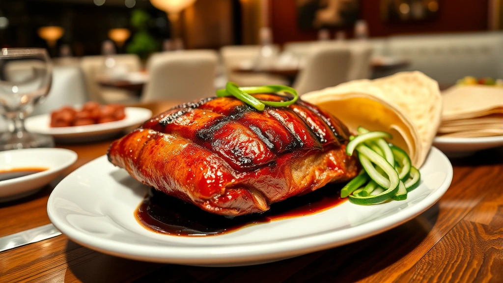 Wide angle of elegant plated Peking duck with crispy mahogany skin, thin pancakes stacked beside it, julienned cucumber and scallion garnish, dark glossy sauce drizzle on white porcelain, restaurant dining ambiance blurred background