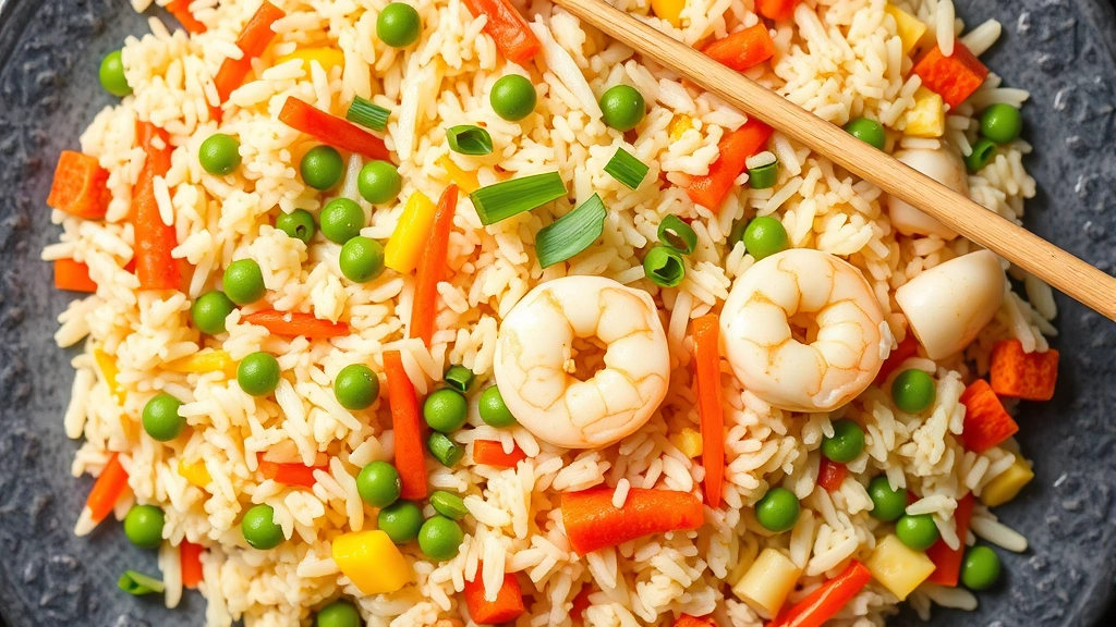 Artistic flat lay of vibrant fried rice with distinct separated white grains, visible red carrots, green peas, yellow egg pieces, white shrimp scattered throughout, fresh scallion garnish on top, chopsticks placed diagonally, natural daylight photography
