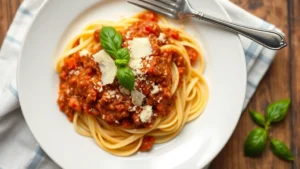 Overhead shot of fresh handmade tagliatelle pasta with rich Bolognese ragù sauce, garnished with grated Parmigiano-Reggiano and fresh basil, on a white ceramic plate with fork visible