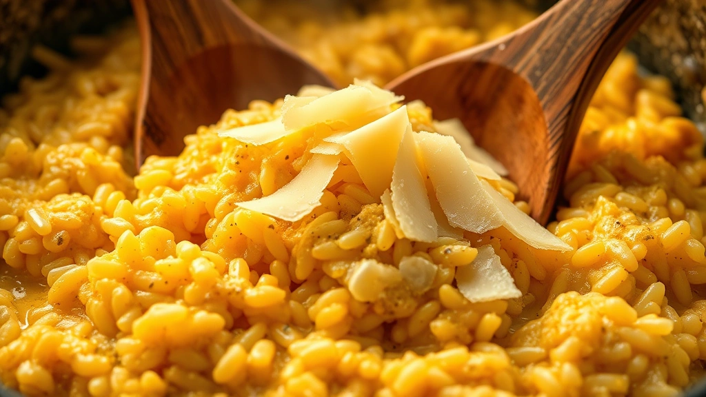 Close-up of creamy risotto alla Milanese with golden saffron color, topped with bone marrow and fresh parmesan shavings, steam rising, wooden spoon stirring, warm lighting