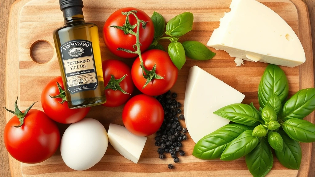 Rustic flat lay of Italian ingredients: San Marzano tomatoes, extra virgin olive oil bottle, fresh mozzarella di bufala, Pecorino Romano wedge, whole black peppercorns, fresh basil leaves, and wooden cutting board