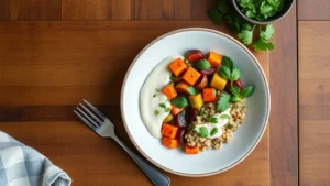 Overhead shot of artisanal lunch bowl featuring vibrant roasted vegetables, grains, fresh herbs, and creamy sauce, natural daylight illumination, wooden table surface, fork beside plate, warm color palette
