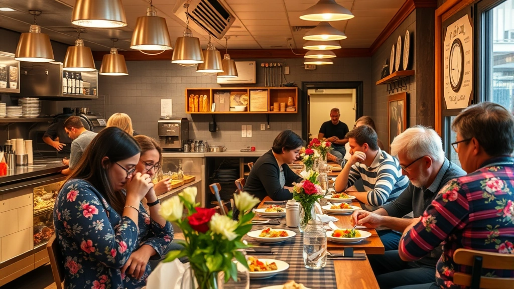 Bustling casual restaurant lunch counter with open kitchen visible, multiple patrons enjoying meals, warm ambient lighting, fresh flowers on tables, natural wood elements, authentic neighborhood atmosphere