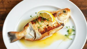 Overhead shot of fresh Gulf grouper fillet with crispy skin, garnished with microgreens and lemon wedge, on white ceramic plate with butter sauce drizzle, professional restaurant presentation