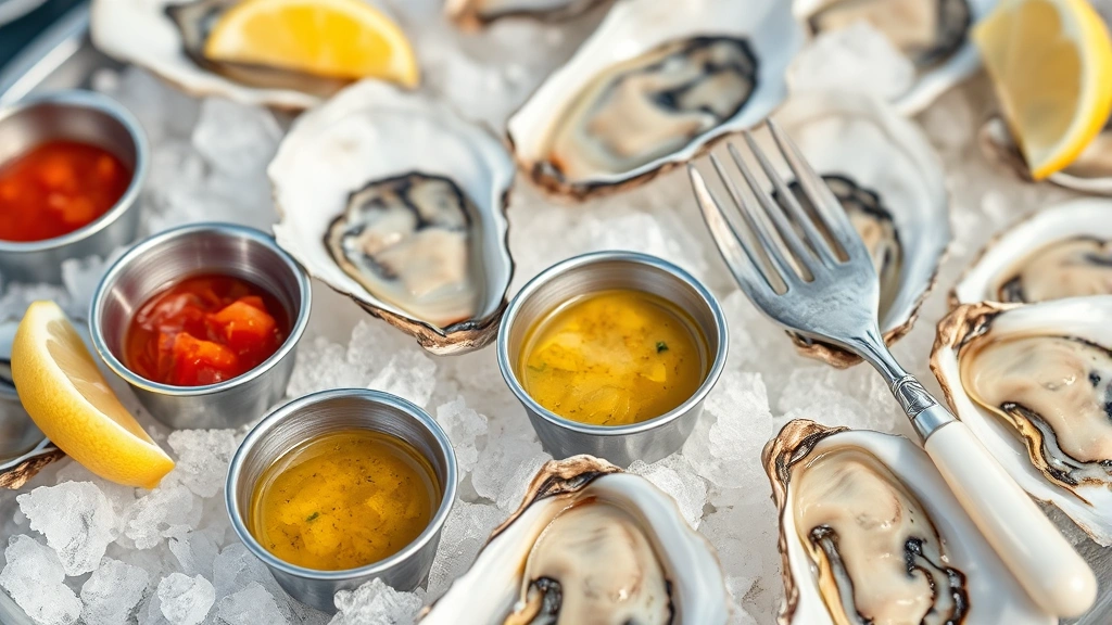 Close-up of raw oysters on half shell arranged on crushed ice with three different mignonettes in small bowls, lemon wedges, and pearl-handled oyster fork, natural lighting